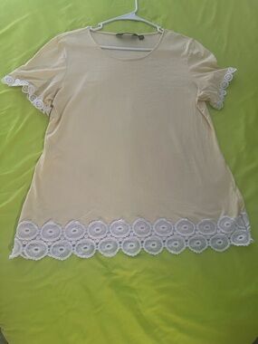 Dorothy Perkins Pale Yellow Short Sleeve Top with White Crochet Trim